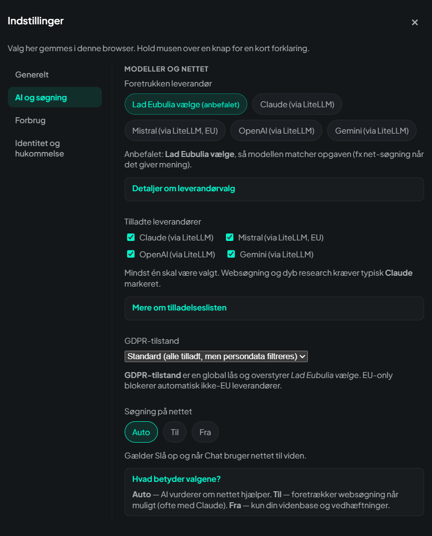 Eubulia settings: provider-agnostic model choice with Claude, Mistral EU, OpenAI and Gemini, an allowlist, GDPR mode and web-search controls